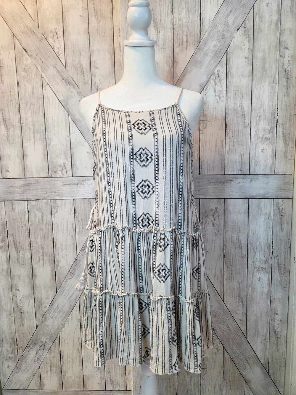 Dance & Marvel Lace Up Ivory and Black Striped Embroidered Mini Dress Small Boho